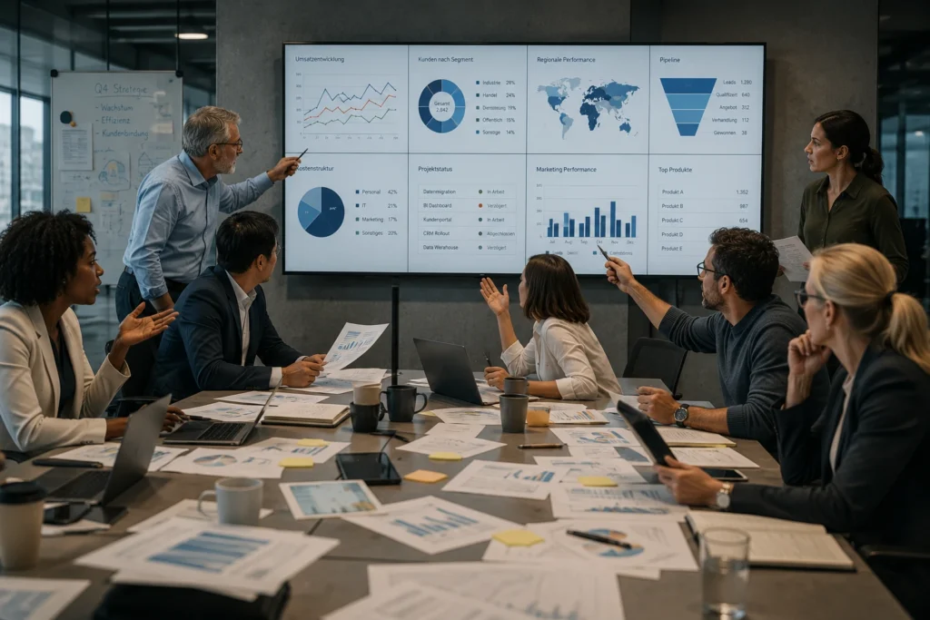 Führungskräfte diskutieren unterschiedliche Dashboards und Kennzahlen ohne gemeinsamen Orientierungsrahmen für eine erfolgreiche Data Driven Organisation.